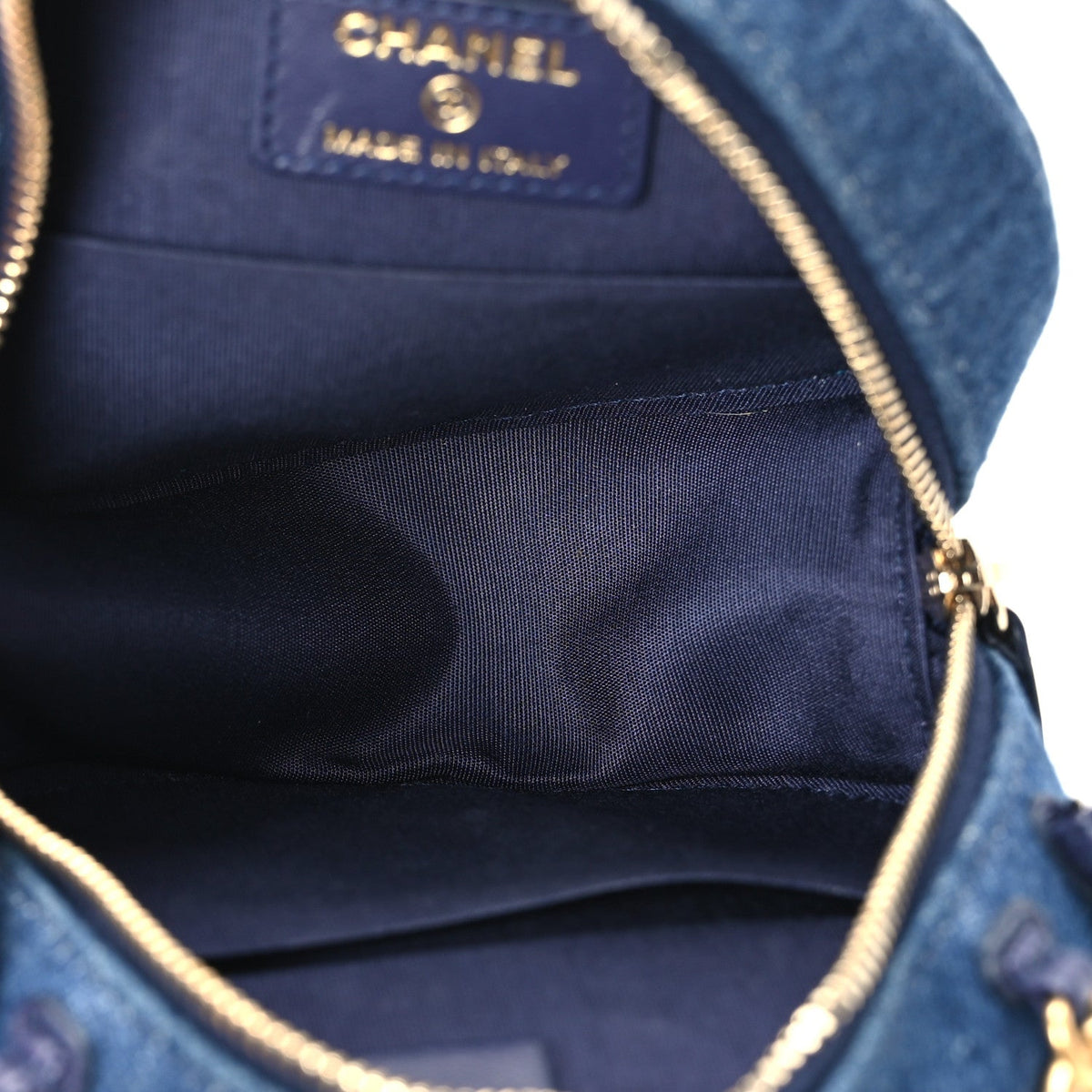 Denim Quilted Chanel 19 Round Clutch With Chain Blue