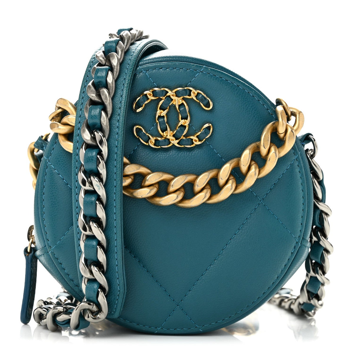 Goatskin Quilted Chanel 19 Round Clutch With Chain Blue