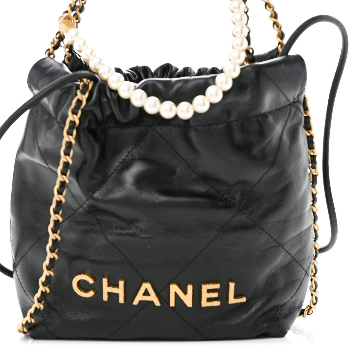 Shiny Crumpled Calfskin Quilted Pearl Mini Chanel 22 Black