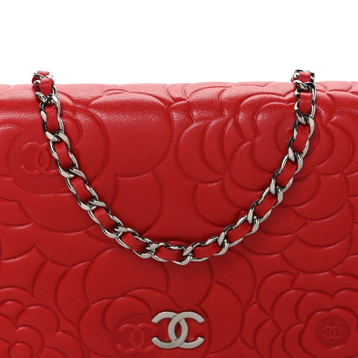 Lambskin Camellia Embossed Wallet on Chain WOC Red