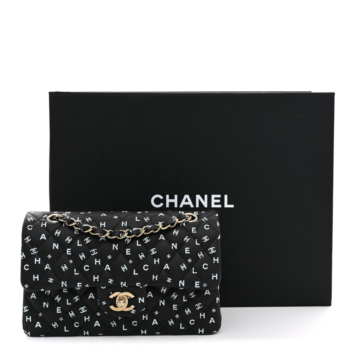 Lambskin Quilted Logo CC Printed Small Double Flap Black White