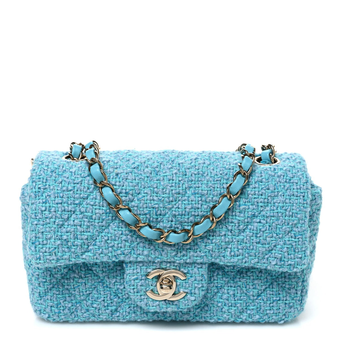 Wool Tweed Quilted Mini Rectangular Flap Turquoise Light Blue