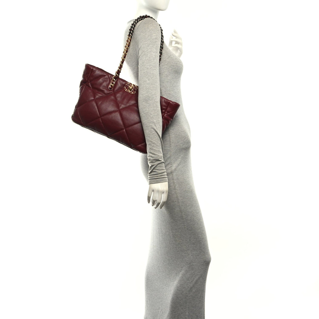 Lambskin Quilted Chanel 19 East West Shopping Bag Dark Brown