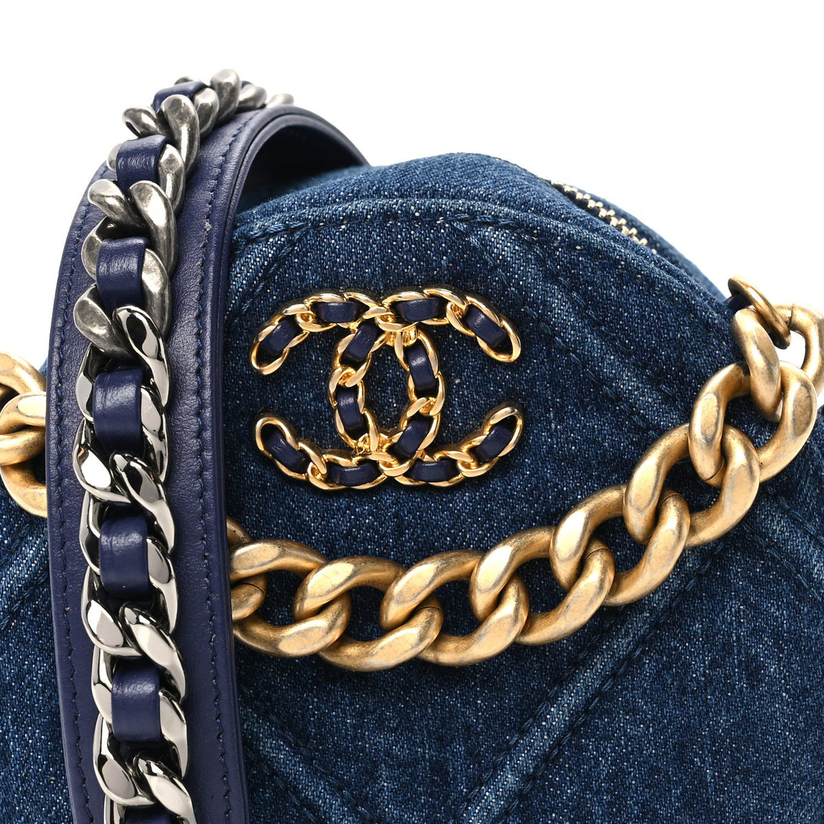 Denim Quilted Chanel 19 Round Clutch With Chain Blue