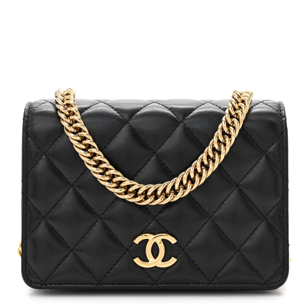 Lambskin Resin Quilted Mini Wallet On Chain WOC Black