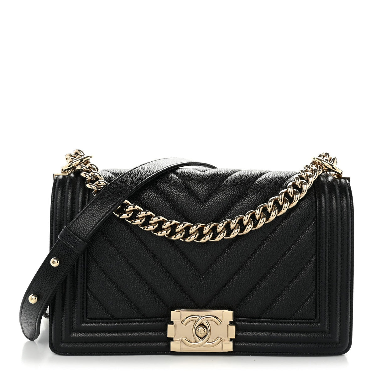 Caviar Chevron Quilted Medium Boy Flap Black