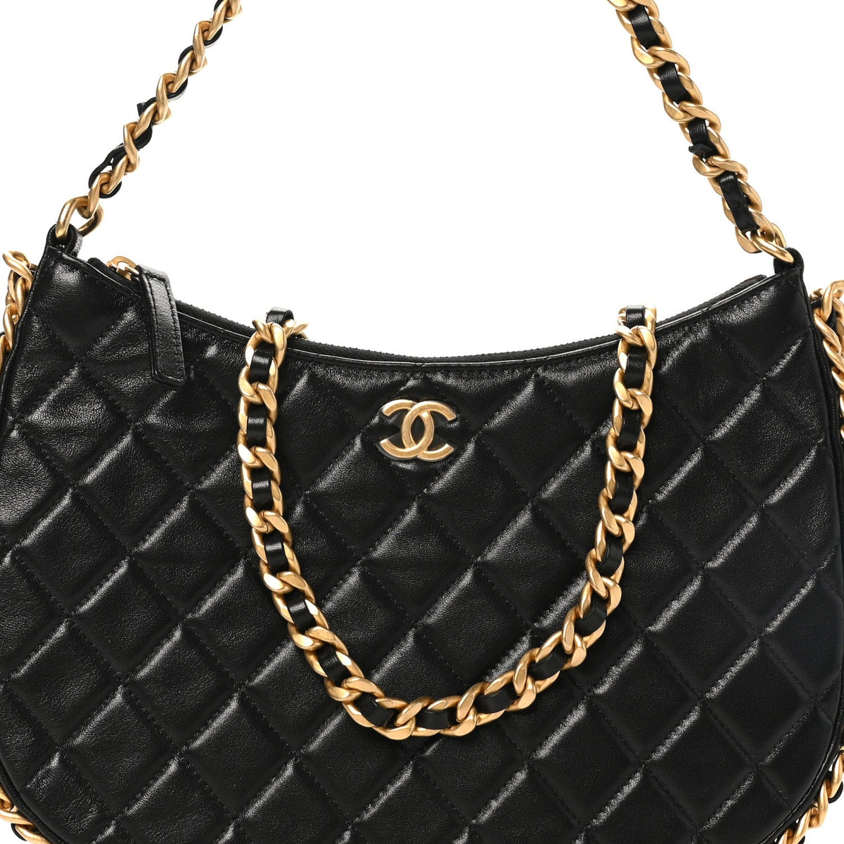 Shiny Crumpled Lambskin Quilted Large Trendy Chain Around Hobo Black