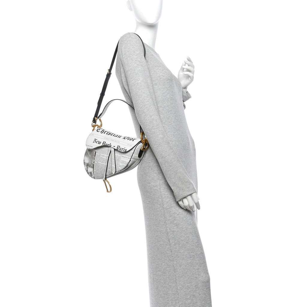 Calfskin Newspaper Printed Saddle Bag With Strap Black White