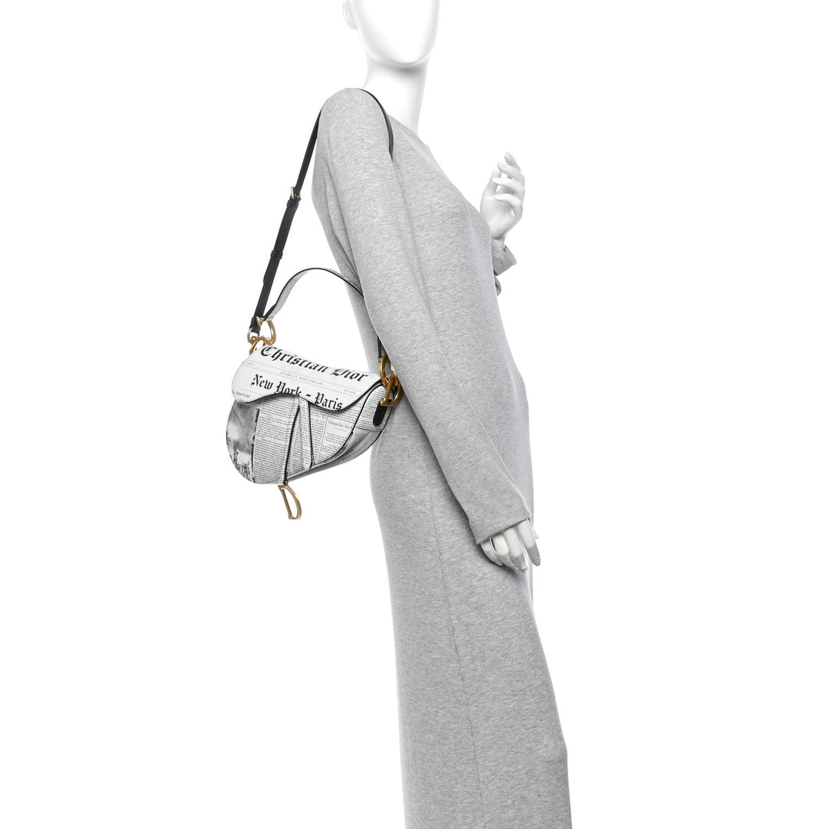 Calfskin Newspaper Printed Saddle Bag With Strap Black White