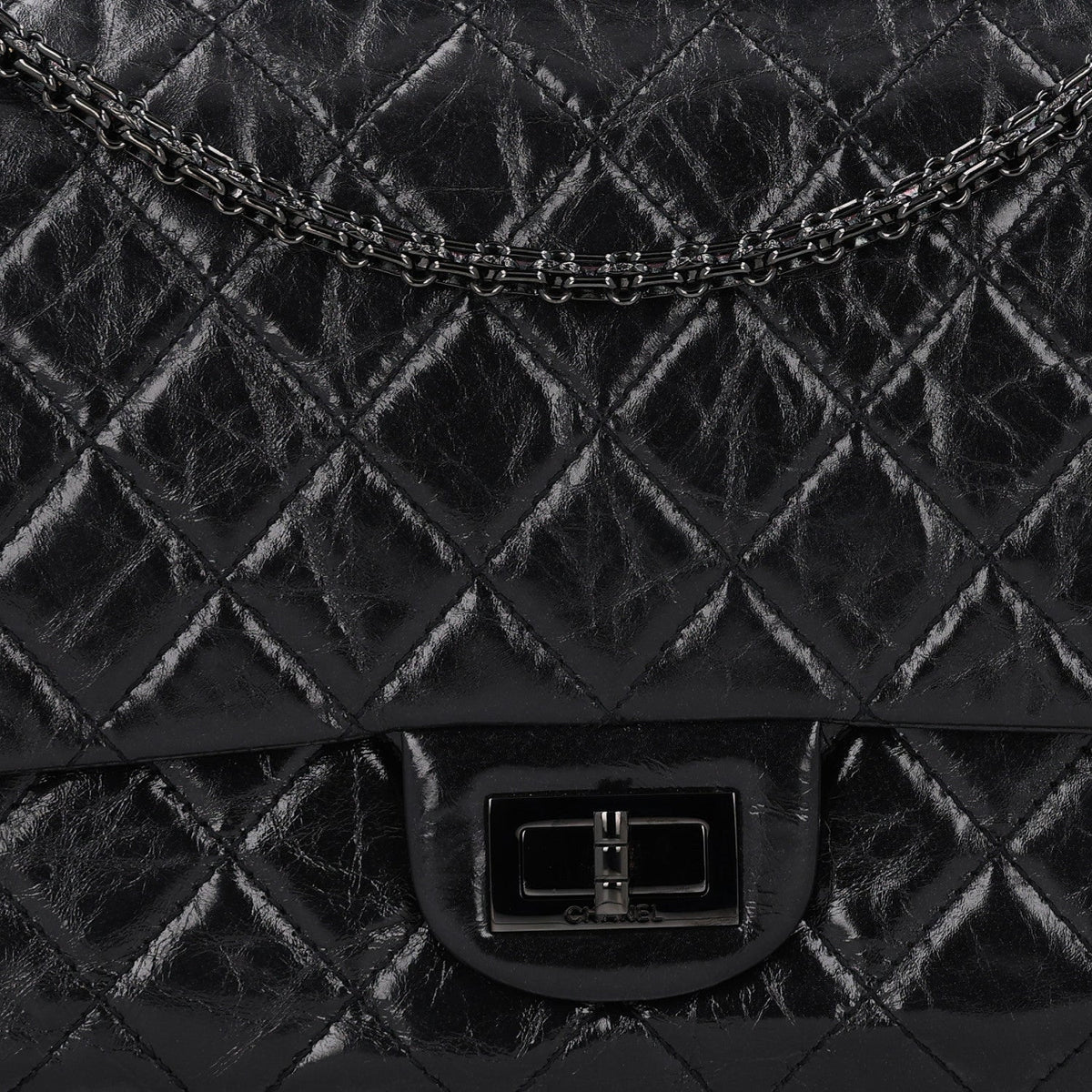 Glazed Aged Calfskin Quilted 2.55 Reissue 227 Flap  So Black