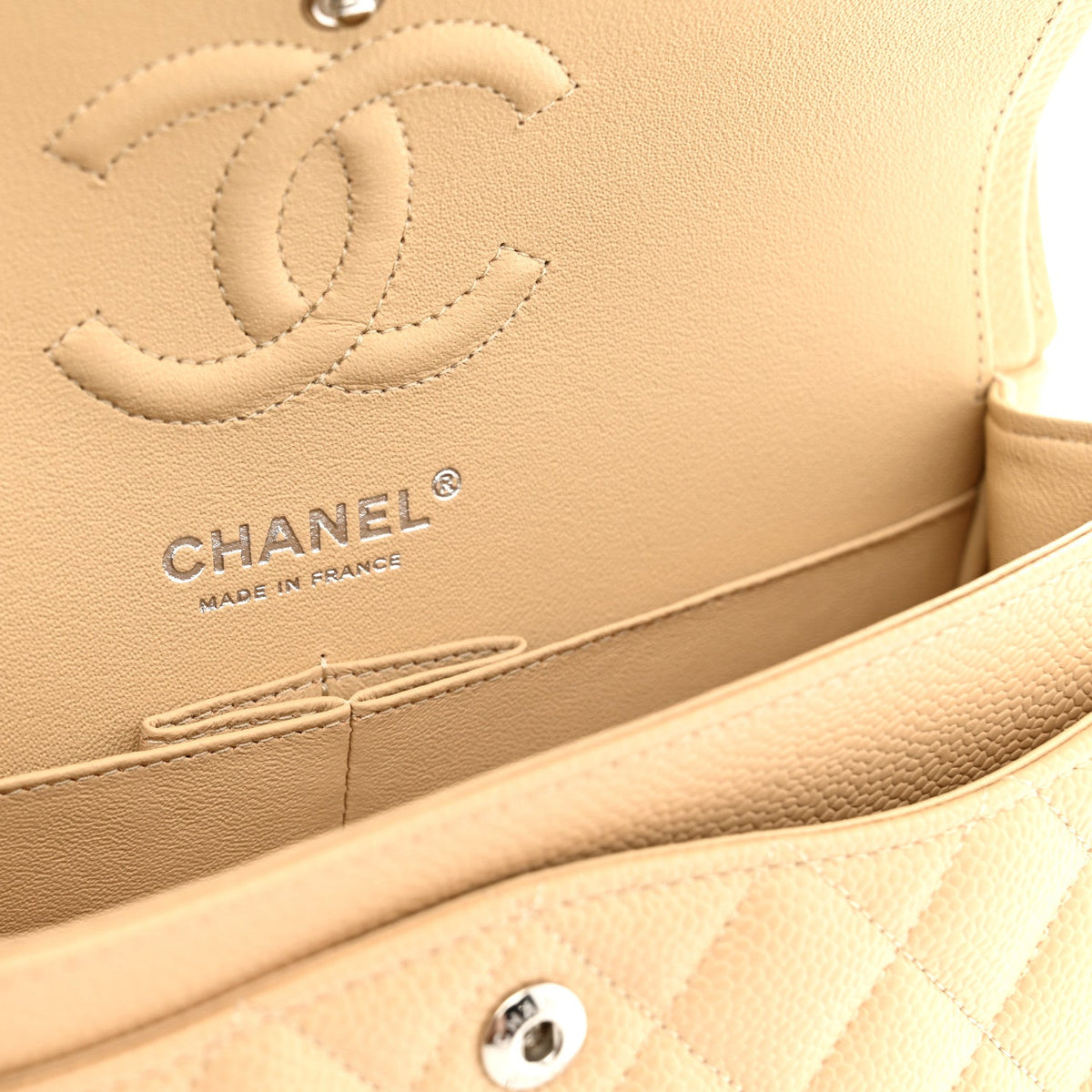 Caviar Quilted Small Double Flap Beige