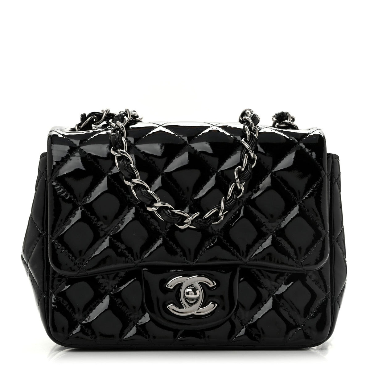 Patent Calfskin Quilted Mini Square Flap Black
