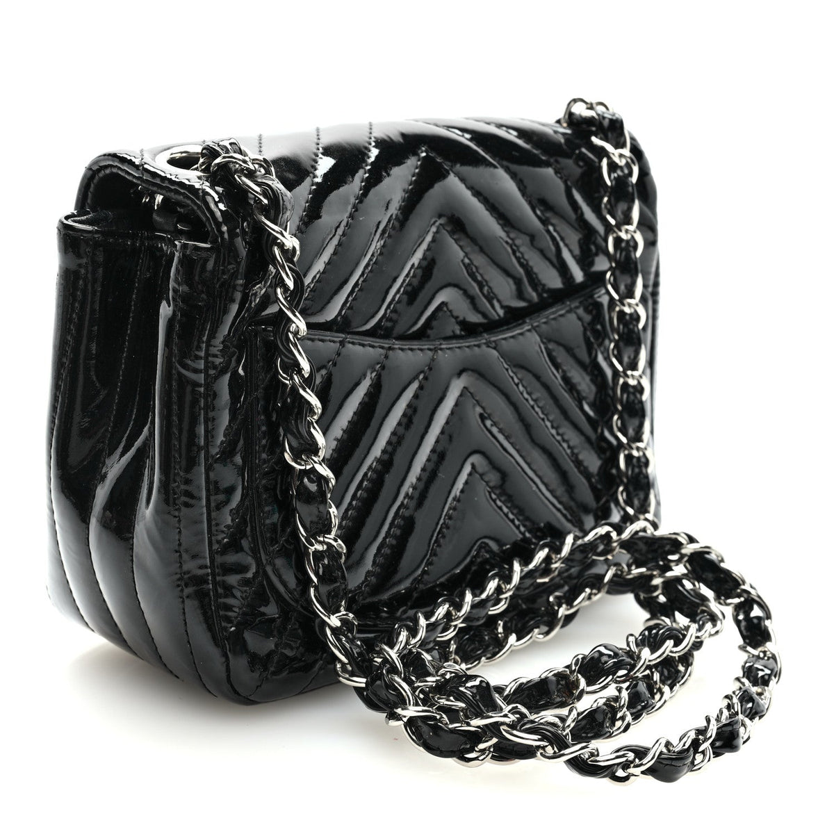 Patent Calfskin Chevron Quilted Mini Square Flap Black
