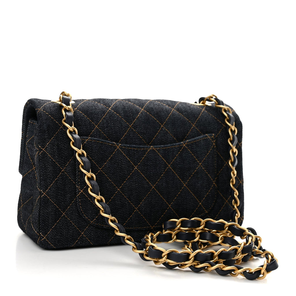 Denim Quilted Mini Rectangular Flap Dark Blue