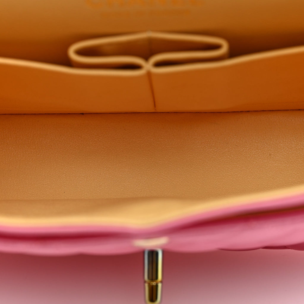 Lambskin Quilted Small Double Flap Pink Yellow