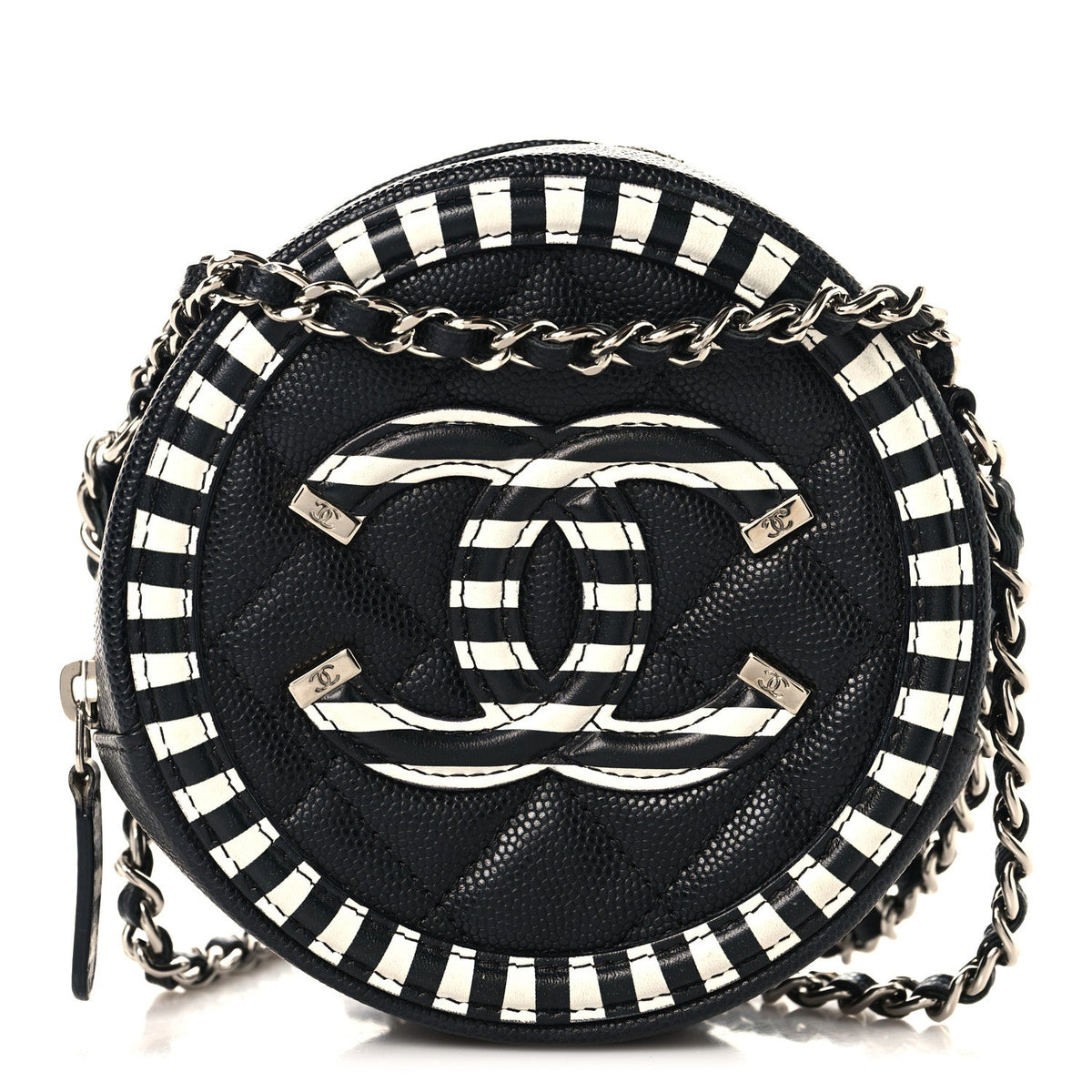 Caviar Quilted Filigree Round Clutch With Chain Black White