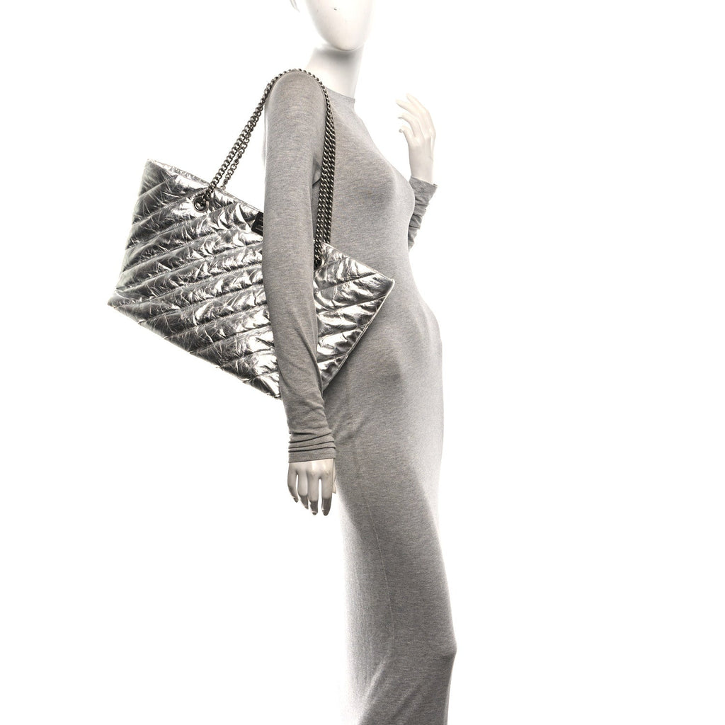 Metallic Crushed Calfskin Quilted Medium Crush Carry All Tote Bag Silver
