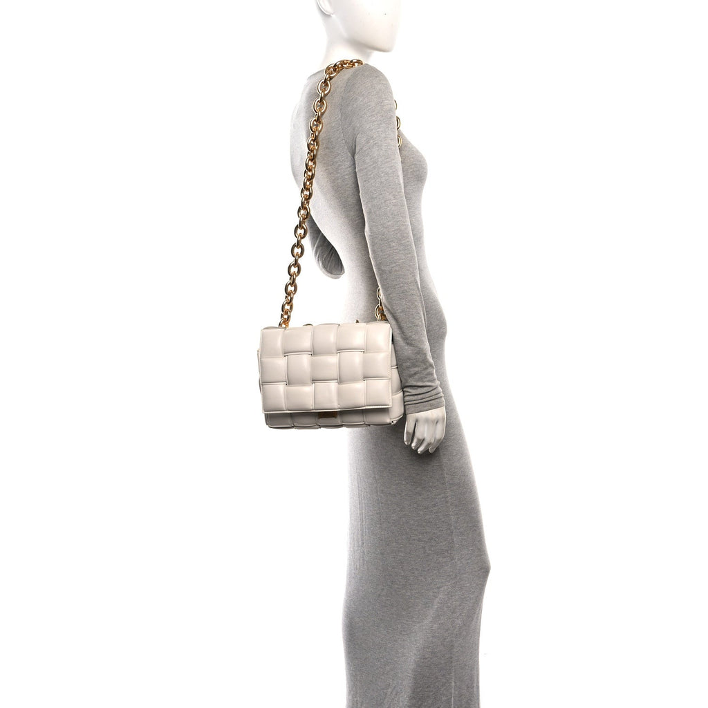 Lambskin Maxi Intreccio Padded Chain Cassette Crossbody Bag White