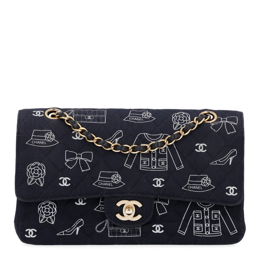 Canvas Printed Quilted Medium Double Flap Blue White