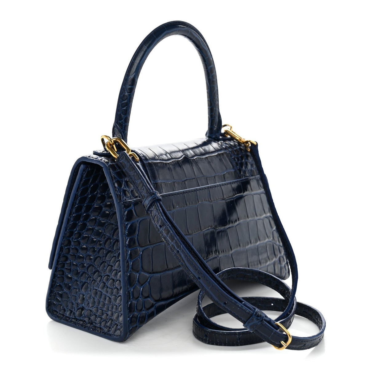 Shiny Calfskin Crocodile Embossed Small Hourglass Top Handle Bag Navy