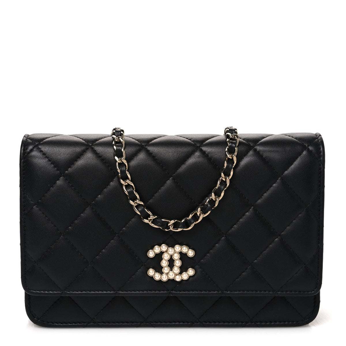 Lambskin Quilted Pearl CC Wallet on Chain WOC Black