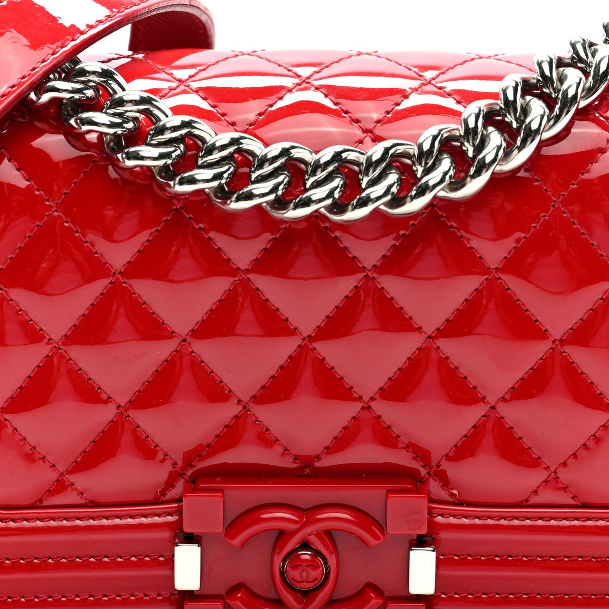 Patent Calfskin Quilted Small Plexiglass Boy Flap Red