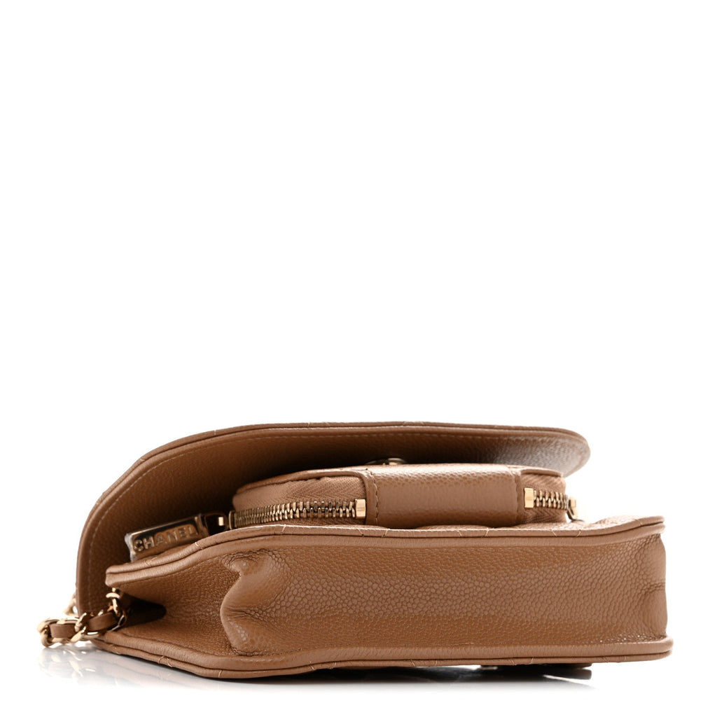 Caviar Quilted Business Affinity Clutch With Chain Flap Dark Beige
