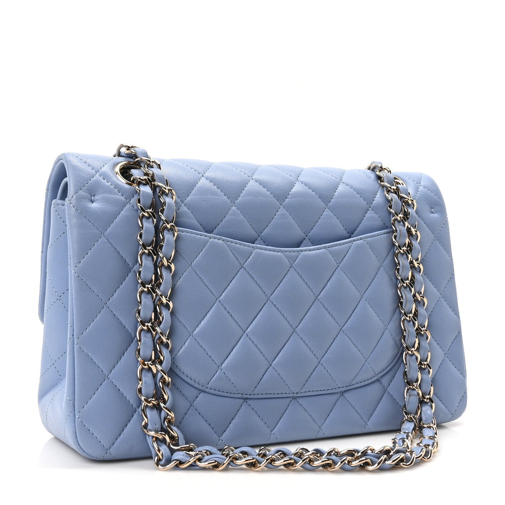 Lambskin Quilted Medium Double Flap Light Blue