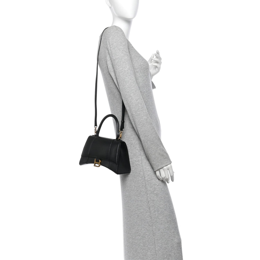 Shiny Box Calfskin Small Hourglass Top Handle Bag Black