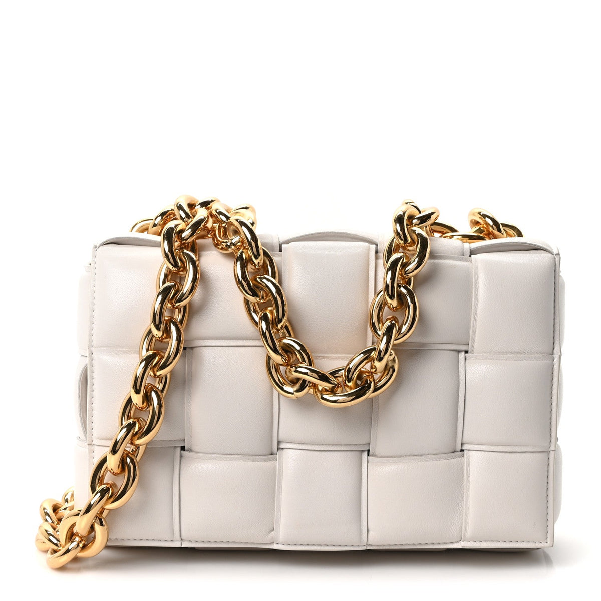 Lambskin Maxi Intreccio Padded Chain Cassette Crossbody Bag White