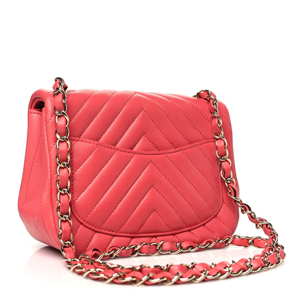 Lambskin Chevron Quilted Mini Square Flap Coral