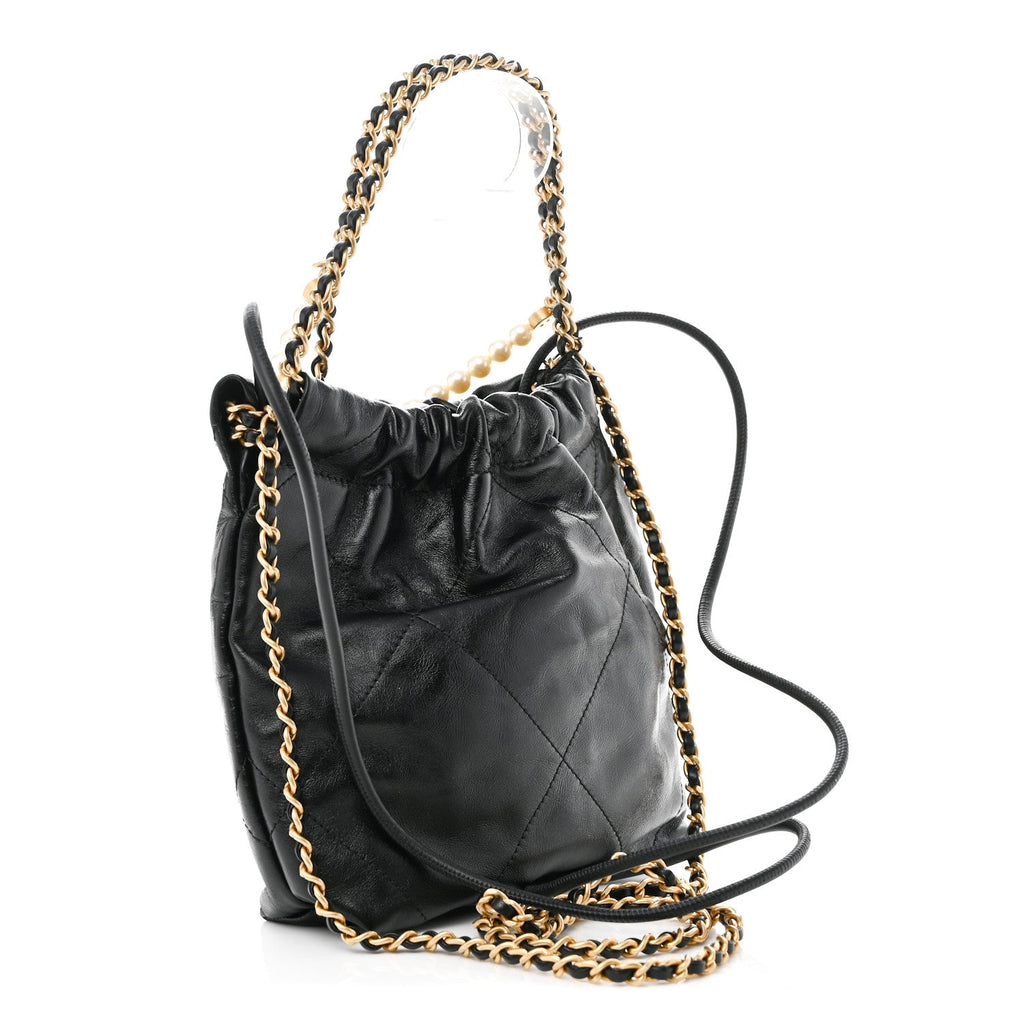 Shiny Crumpled Calfskin Quilted Pearl Mini Chanel 22 Black