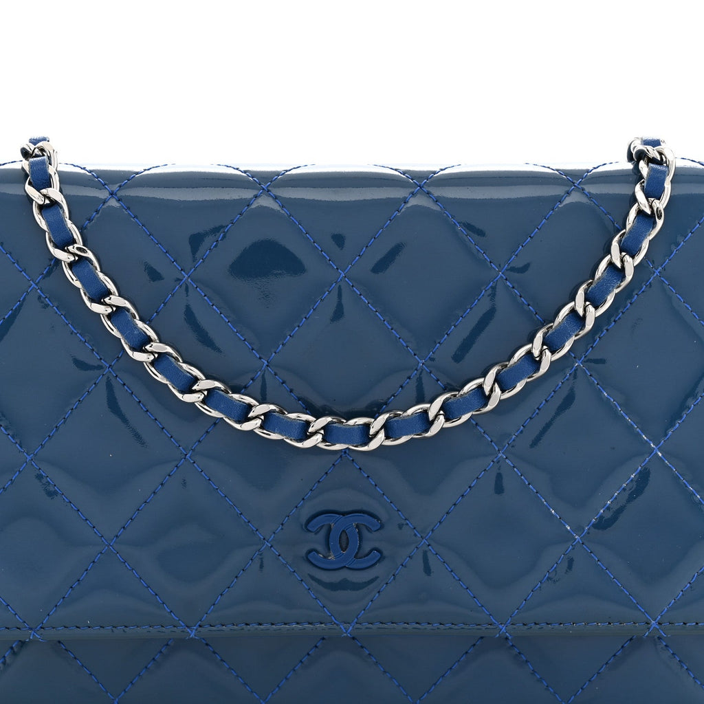 Patent Calfskin Quilted Wallet On Chain WOC Dark Blue
