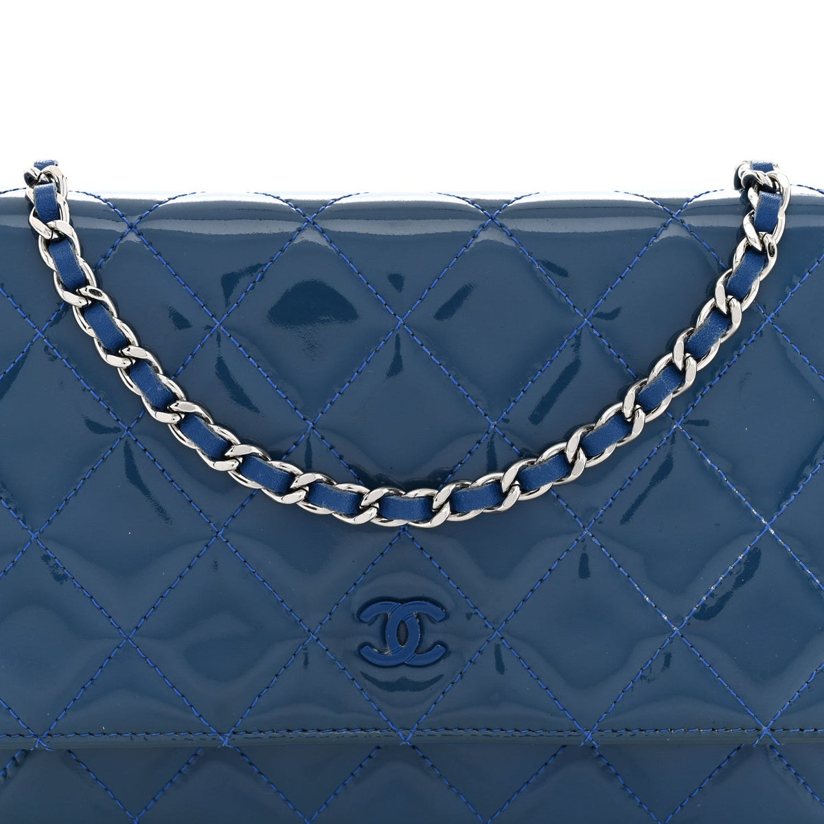 Patent Calfskin Quilted Wallet On Chain WOC Dark Blue