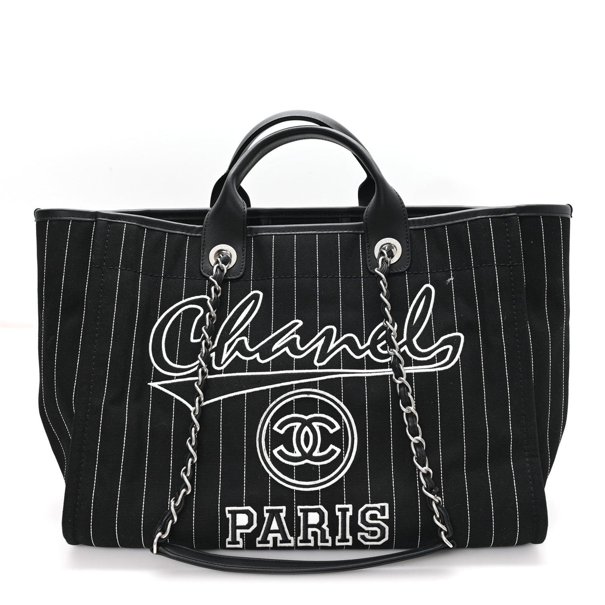Canvas Calfskin Striped Medium Deauville Tote Black White