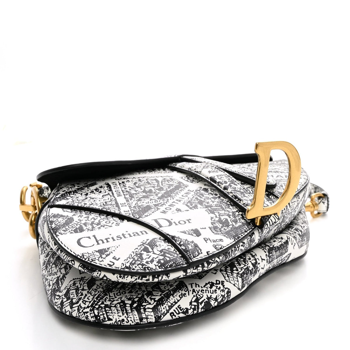 Calfskin Plan De Paris Printed Saddle Bag With Strap White Black