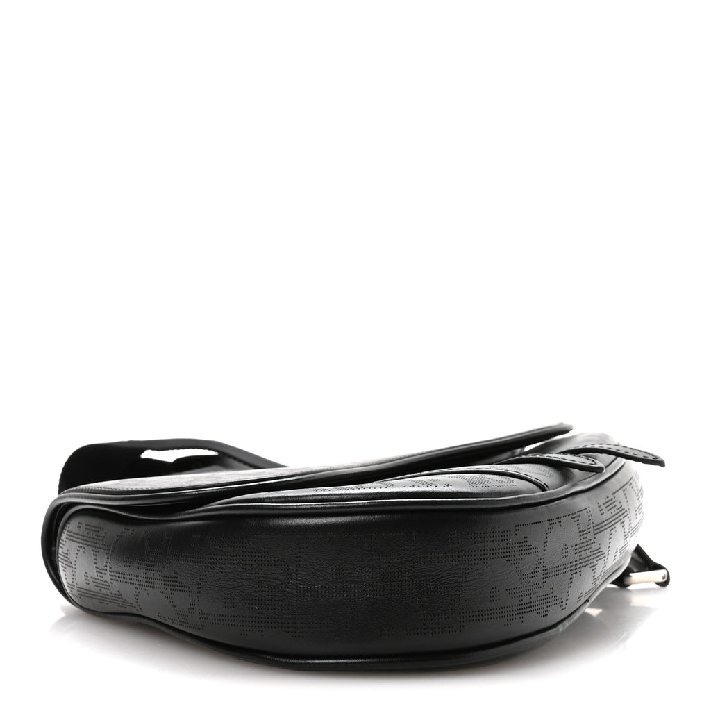 Calfskin Perforated Oblique Galaxy Mens Saddle Bag Black