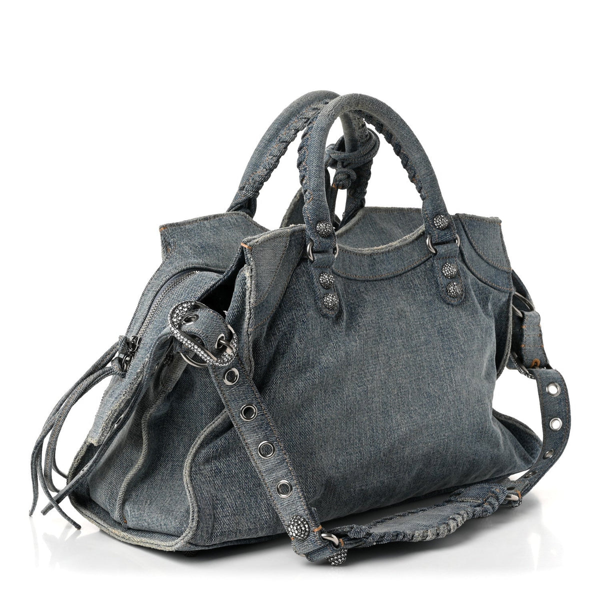 Washed Frayed Denim Crystal Neo Cagole City Handbag Blue