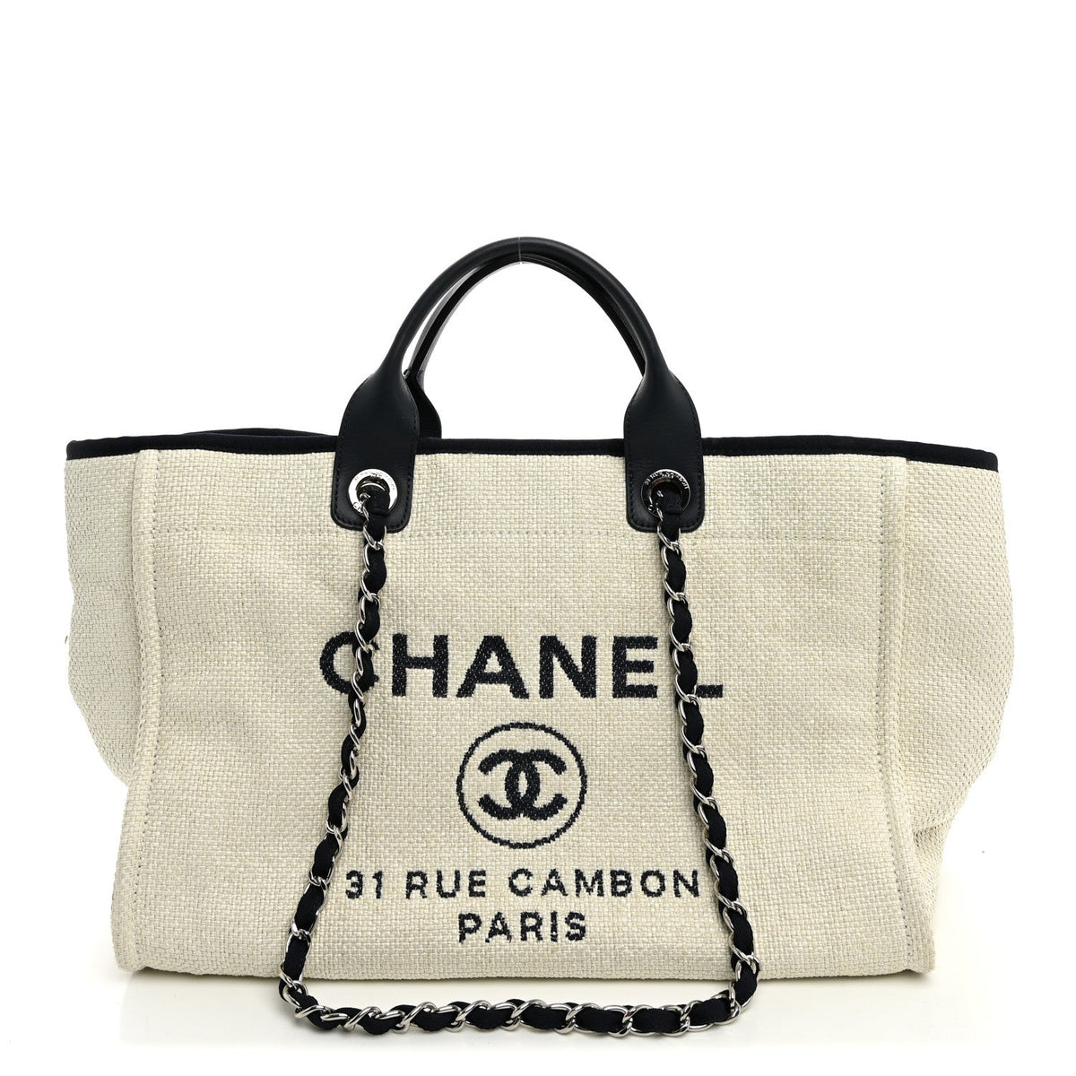Woven Straw Raffia Medium Deauville Tote White Navy