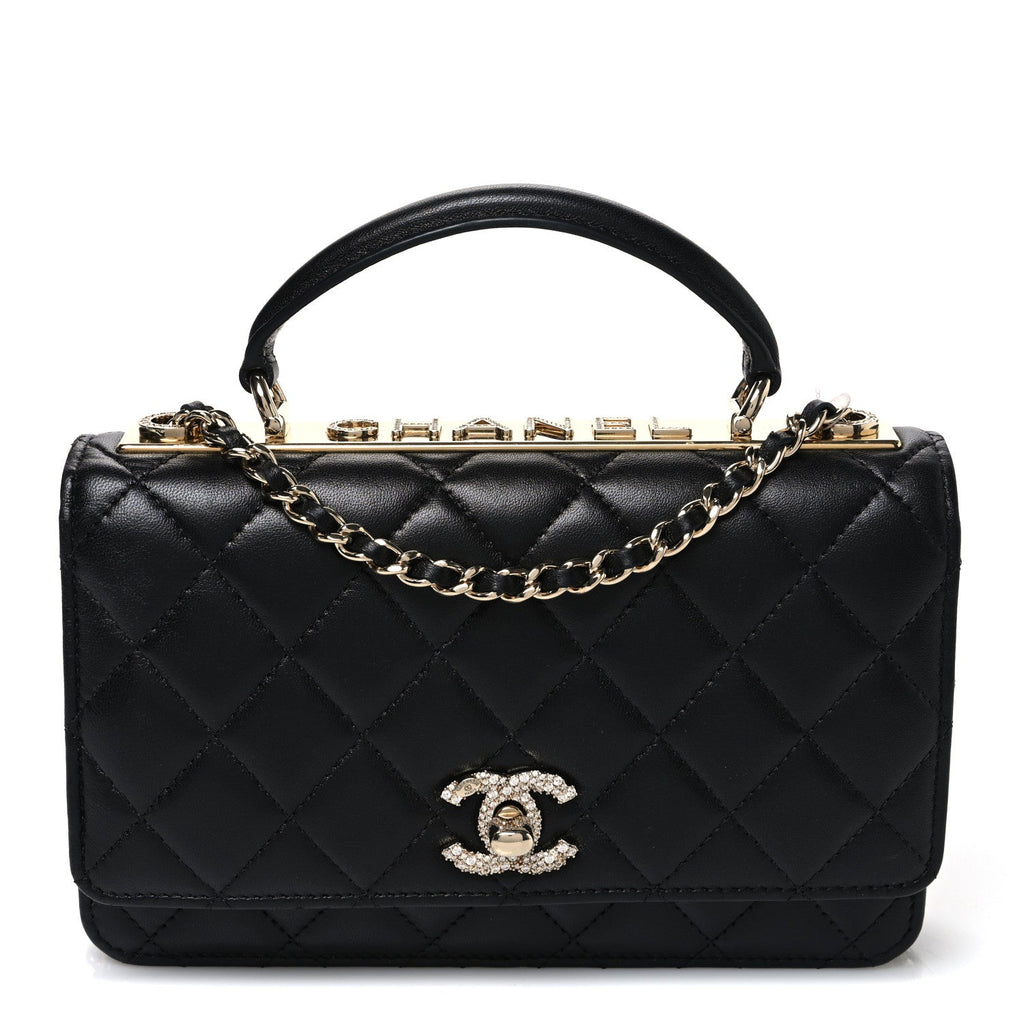 Lambskin Crystal Quilted Trendy CC Top Handle WOC Flap Bag Black
