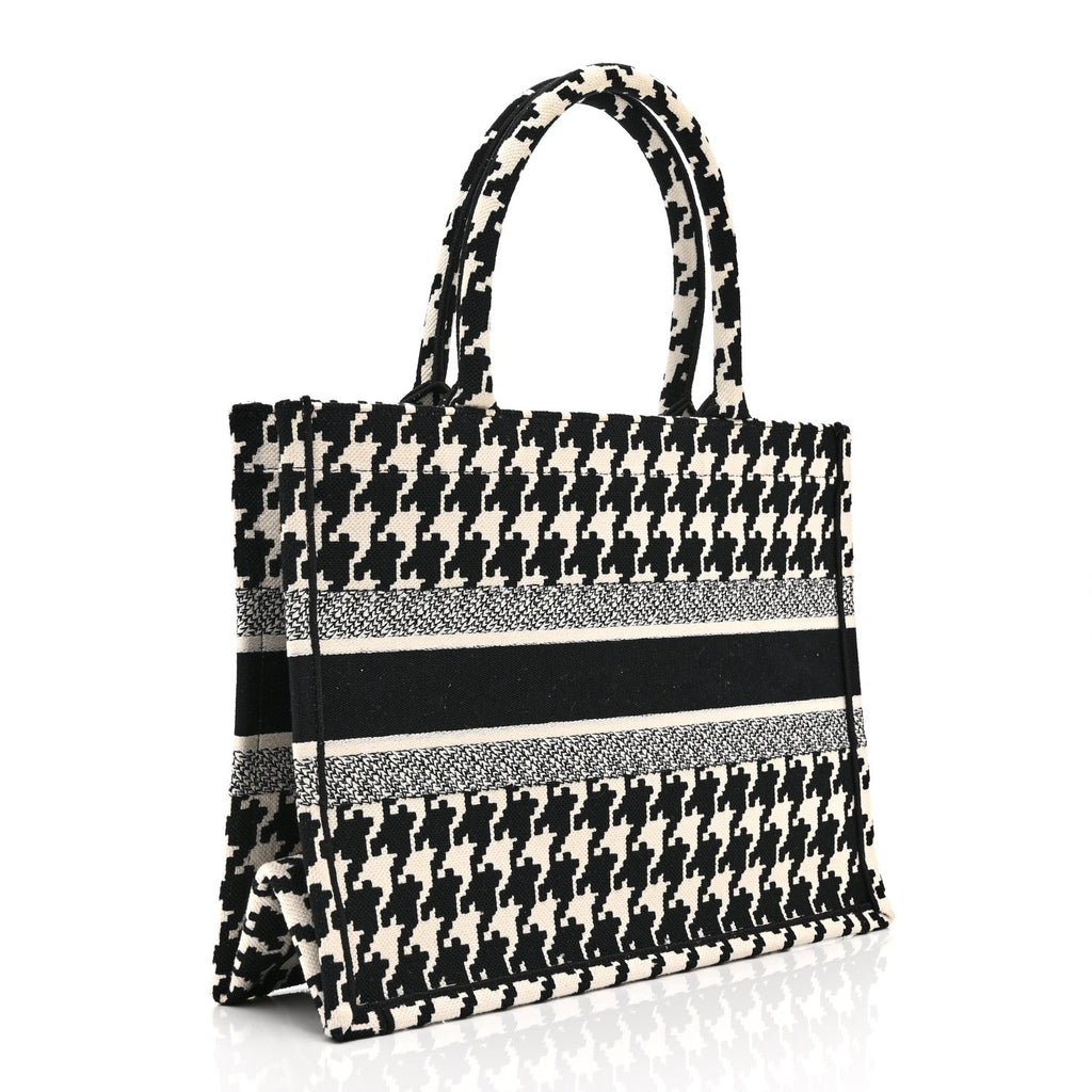 Canvas Houndstooth Embroidered Medium Book Tote Black White