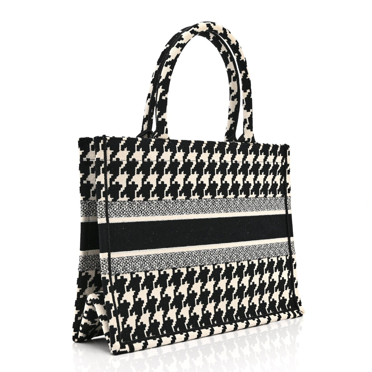 Canvas Houndstooth Embroidered Medium Book Tote Black White