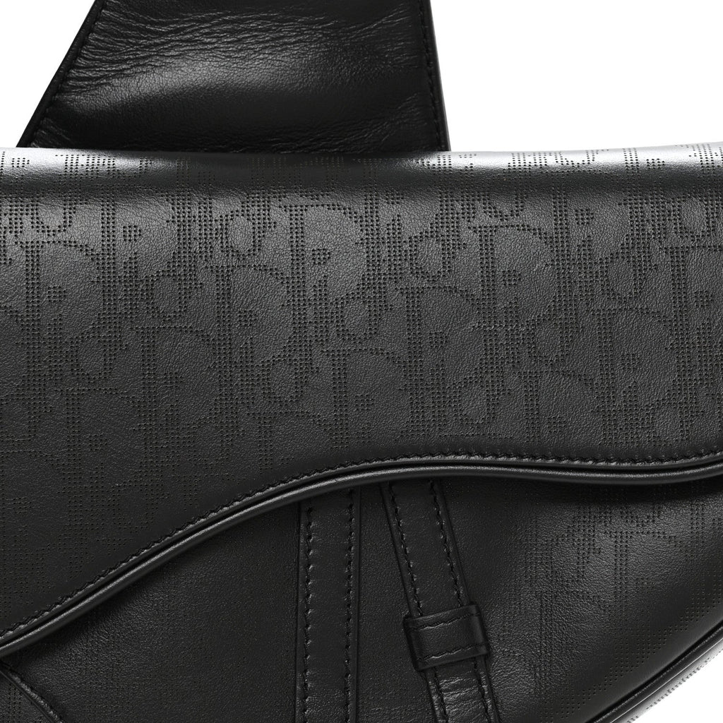 Calfskin Perforated Oblique Galaxy Mens Saddle Bag Black