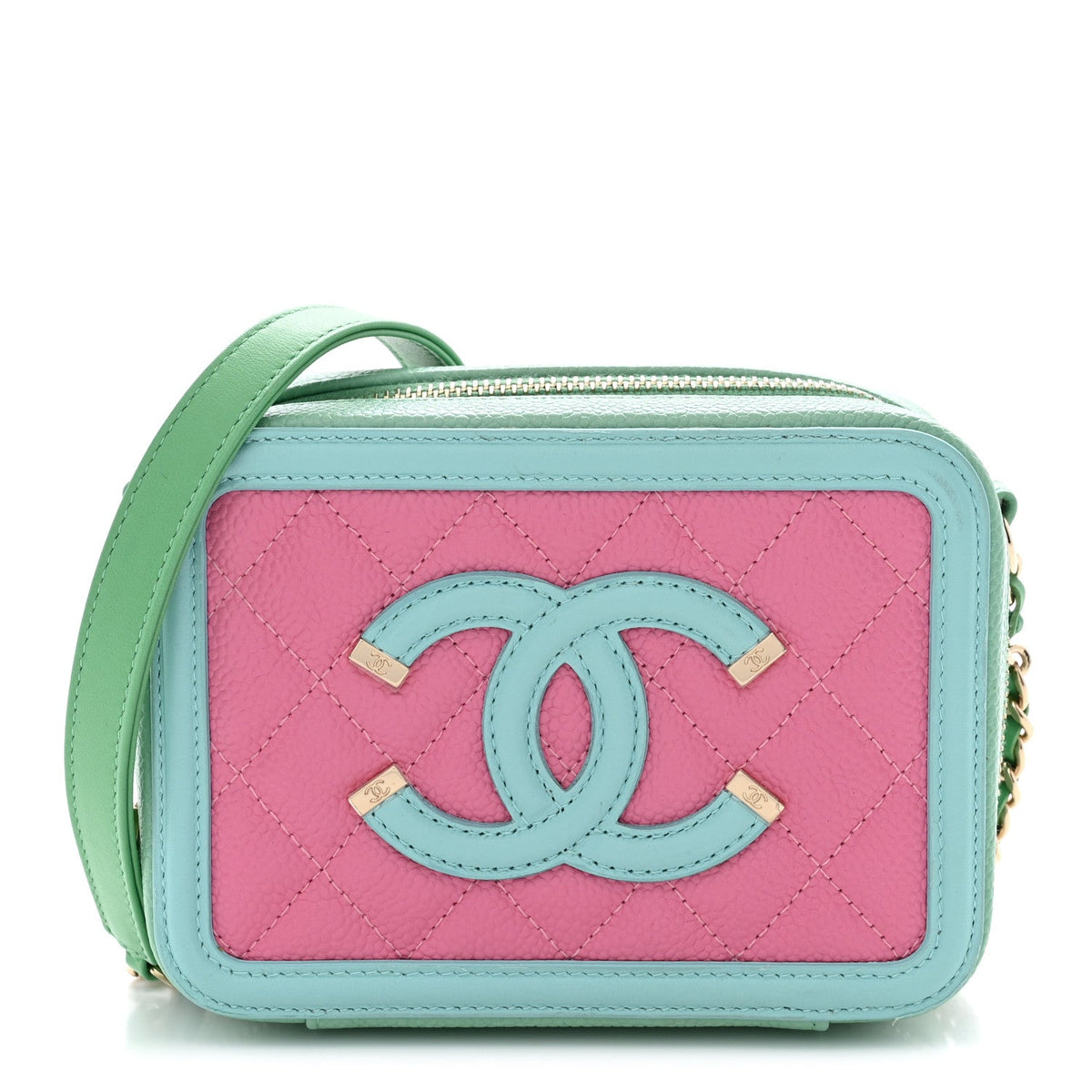 Caviar Quilted Filigree Vanity Clutch With Chain Pink Light Blue Green