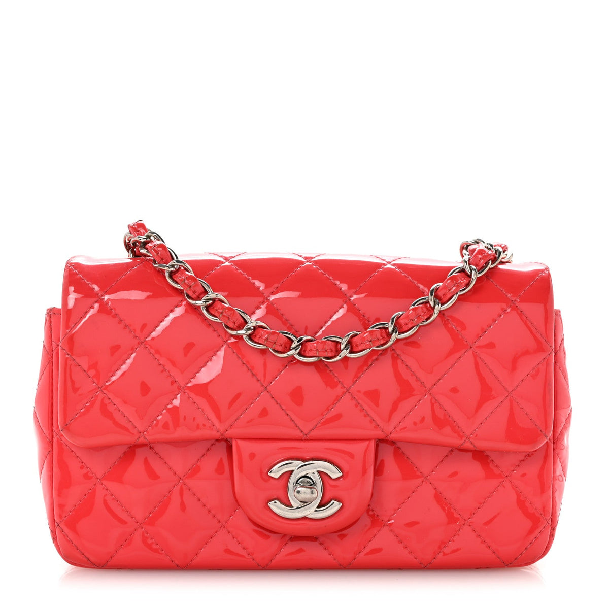 Patent Calfskin Quilted Mini Rectangular Flap Coral