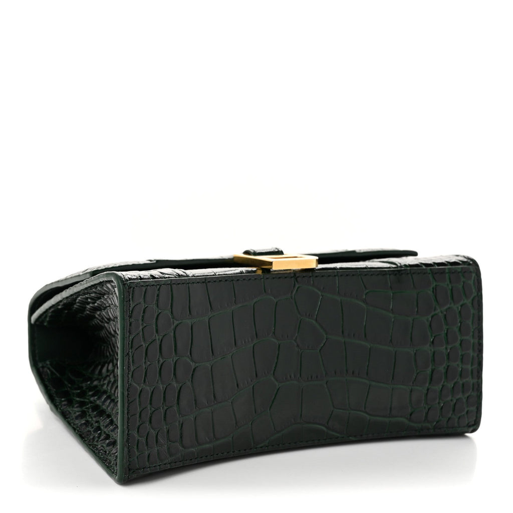 Shiny Calfskin Crocodile Embossed Small Hourglass Top Handle Bag Forest Green