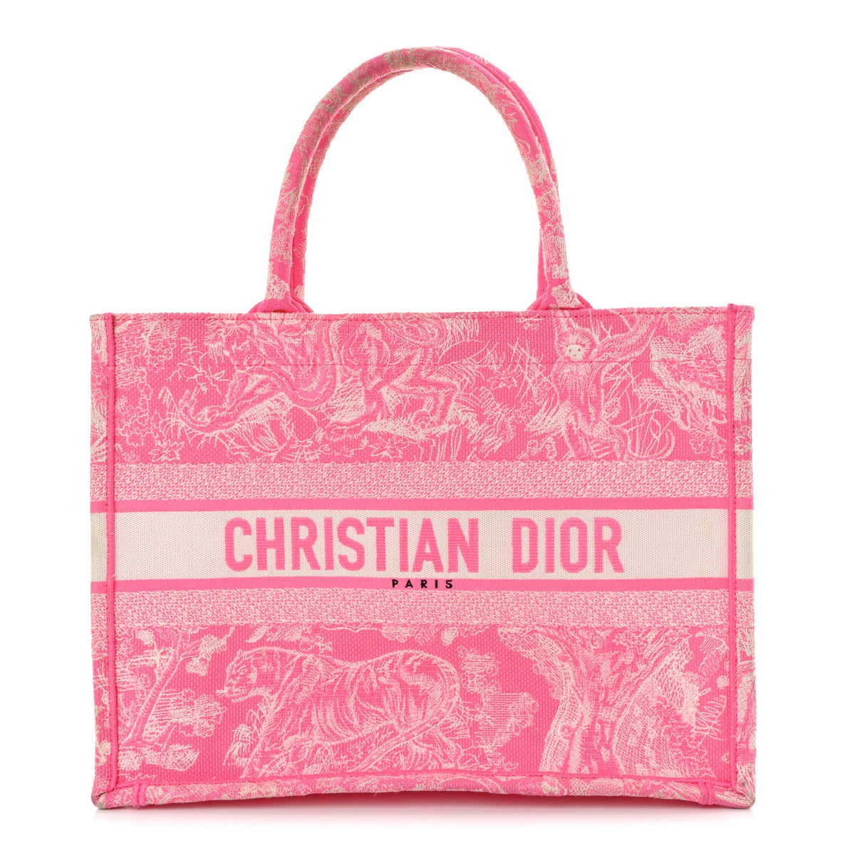 Canvas Embroidered Medium Dioriviera Toile De Jouy Book Tote Fluorescent Pink