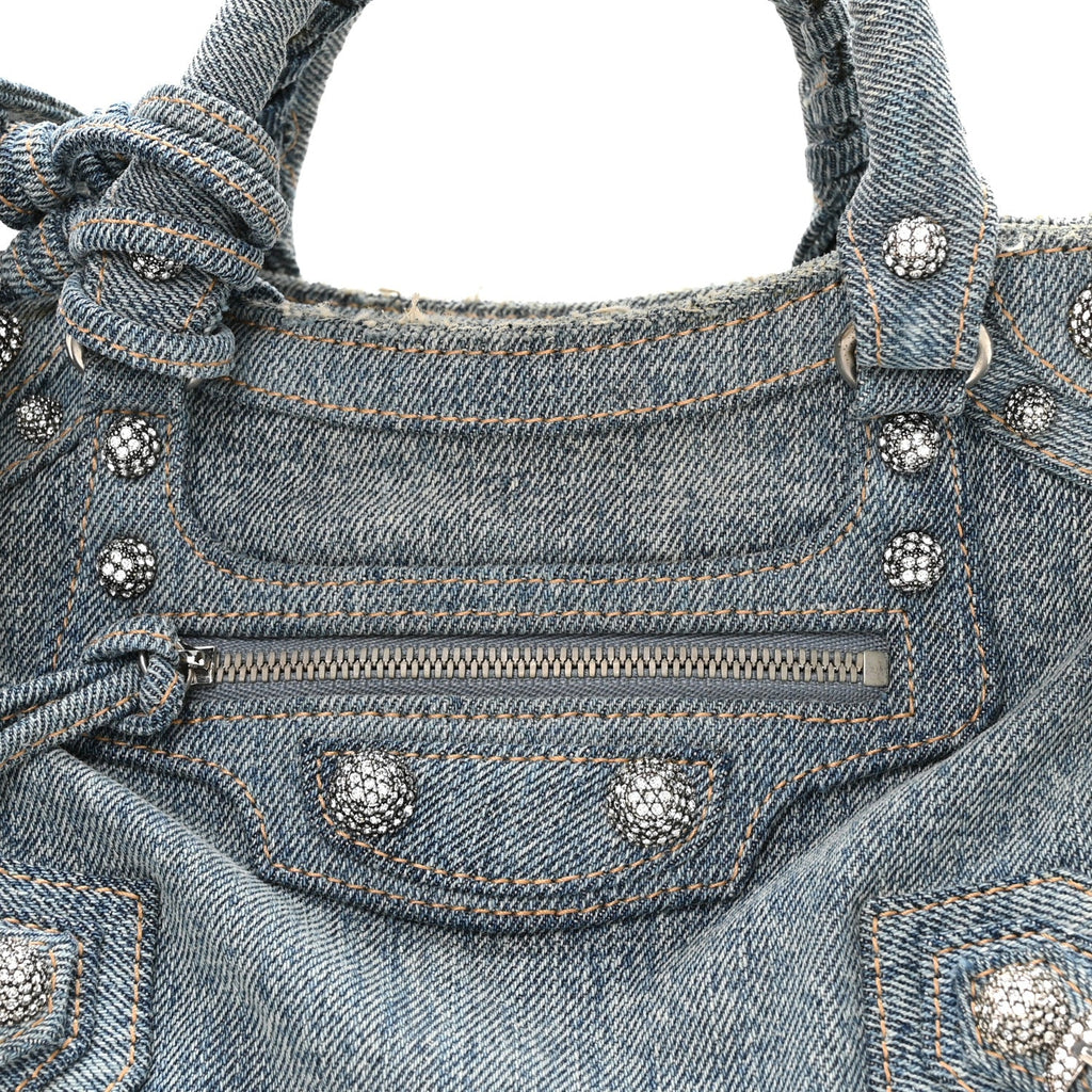 Washed Frayed Denim Crystal Neo Cagole Handbag XS Blue