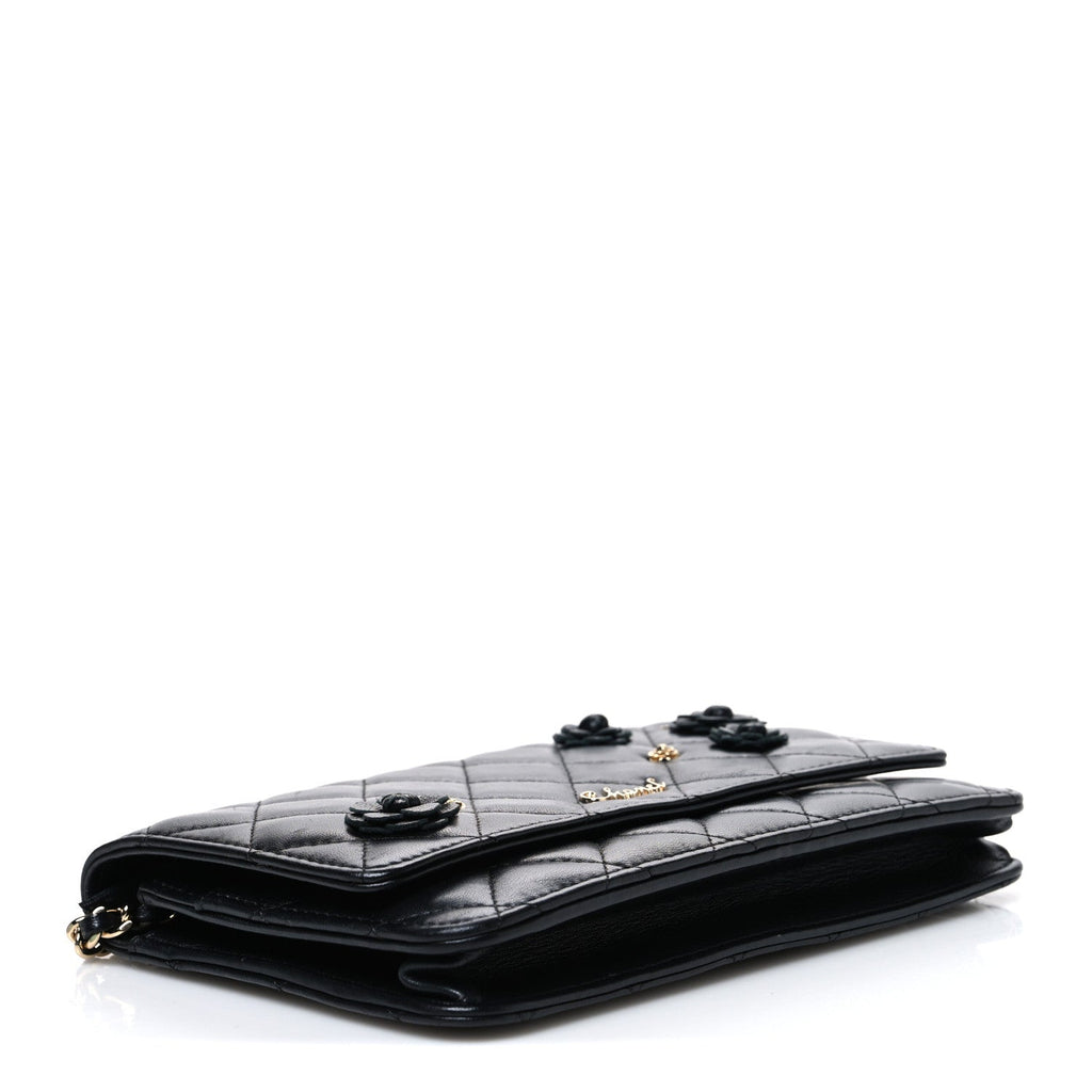 Lambskin Camellia Wallet on Chain WOC Black