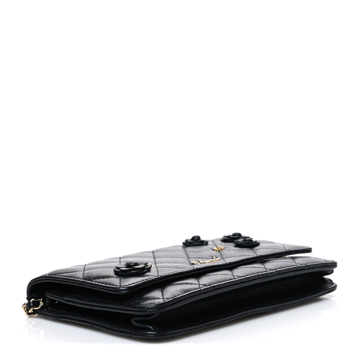 Lambskin Camellia Wallet on Chain WOC Black